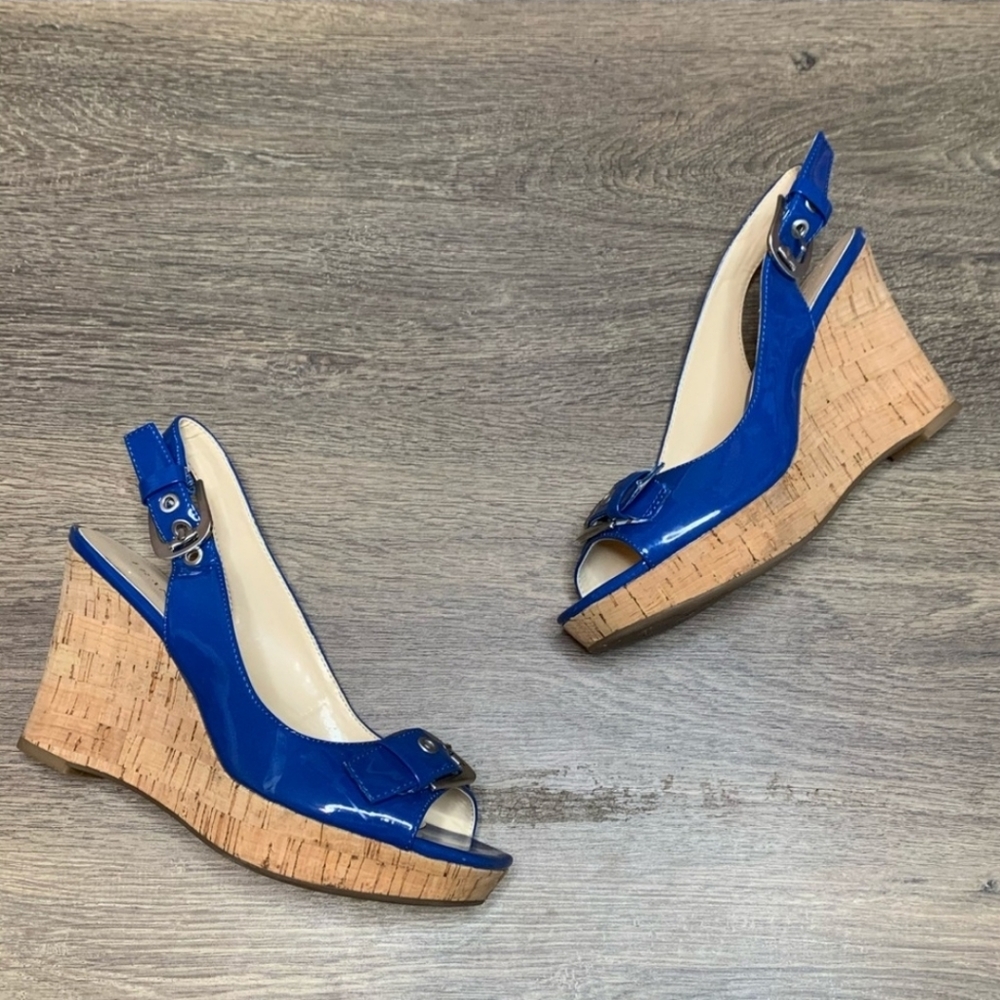 Franco Sarto Carnival Peep Toe Wedges Denim Blue